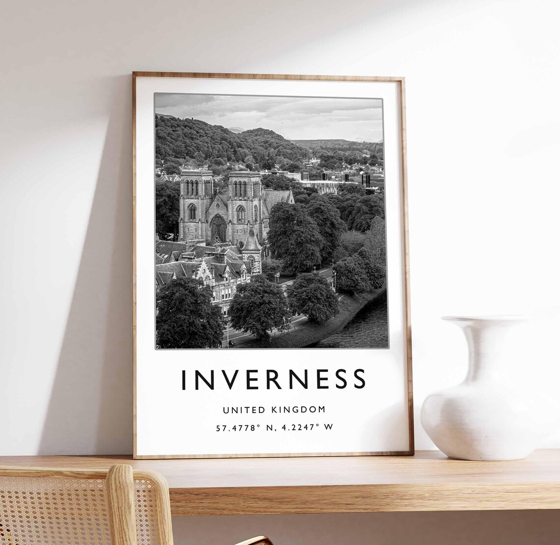 Inverness Scotland Black White Photo Cathedral River Art Poster