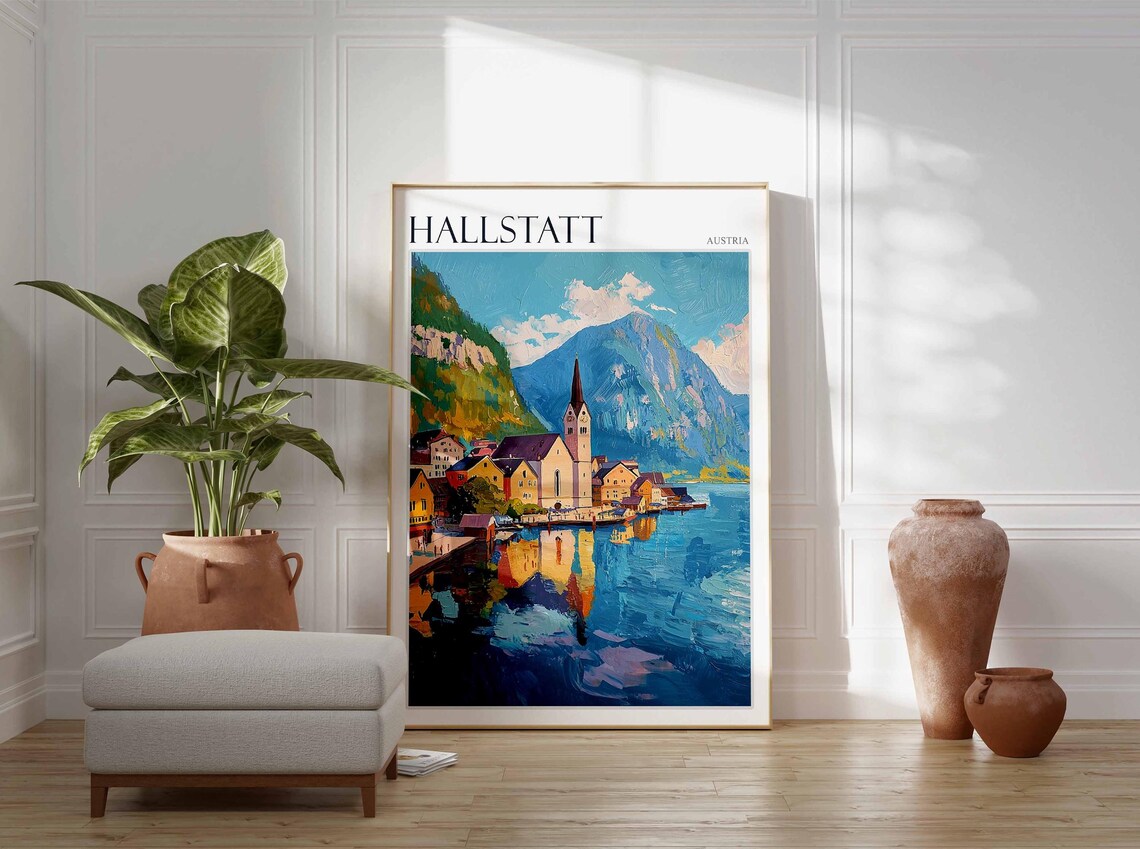 Hallstatt Austria Impasto Oil Painting Church Lake Travel Poster - Image 3