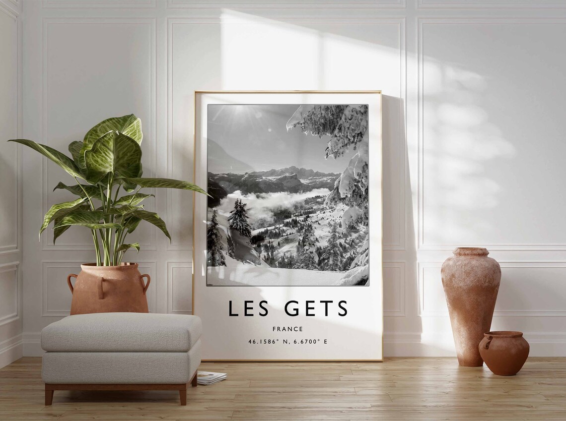 Les Gets France Black and White Snowy Alps Winter Ski Travel Poster - Image 3