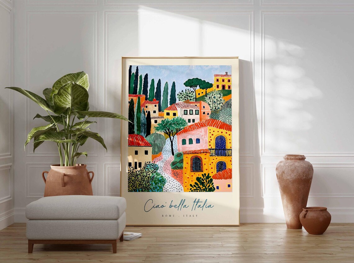 Rome Italy Folk Cypress Village Colorful Travel Quote Art Poster - Image 3