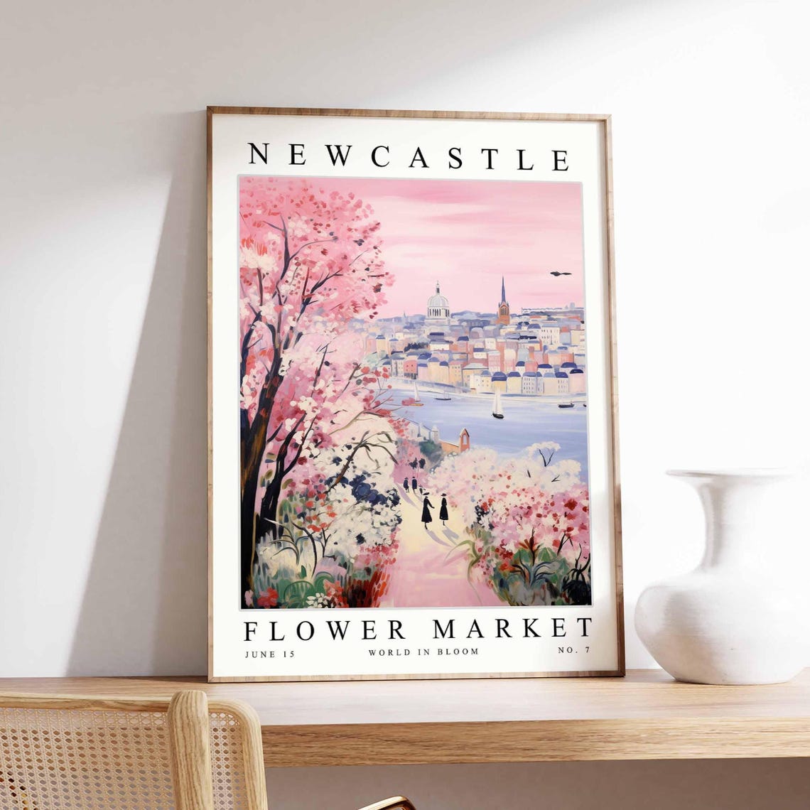 Newcastle Flower Market Cherry Blossom River Path Scene Poster