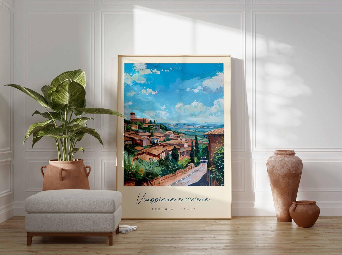 Perugia Italy Sunny Country Road Hillside Town View Travel Poster - Image 3