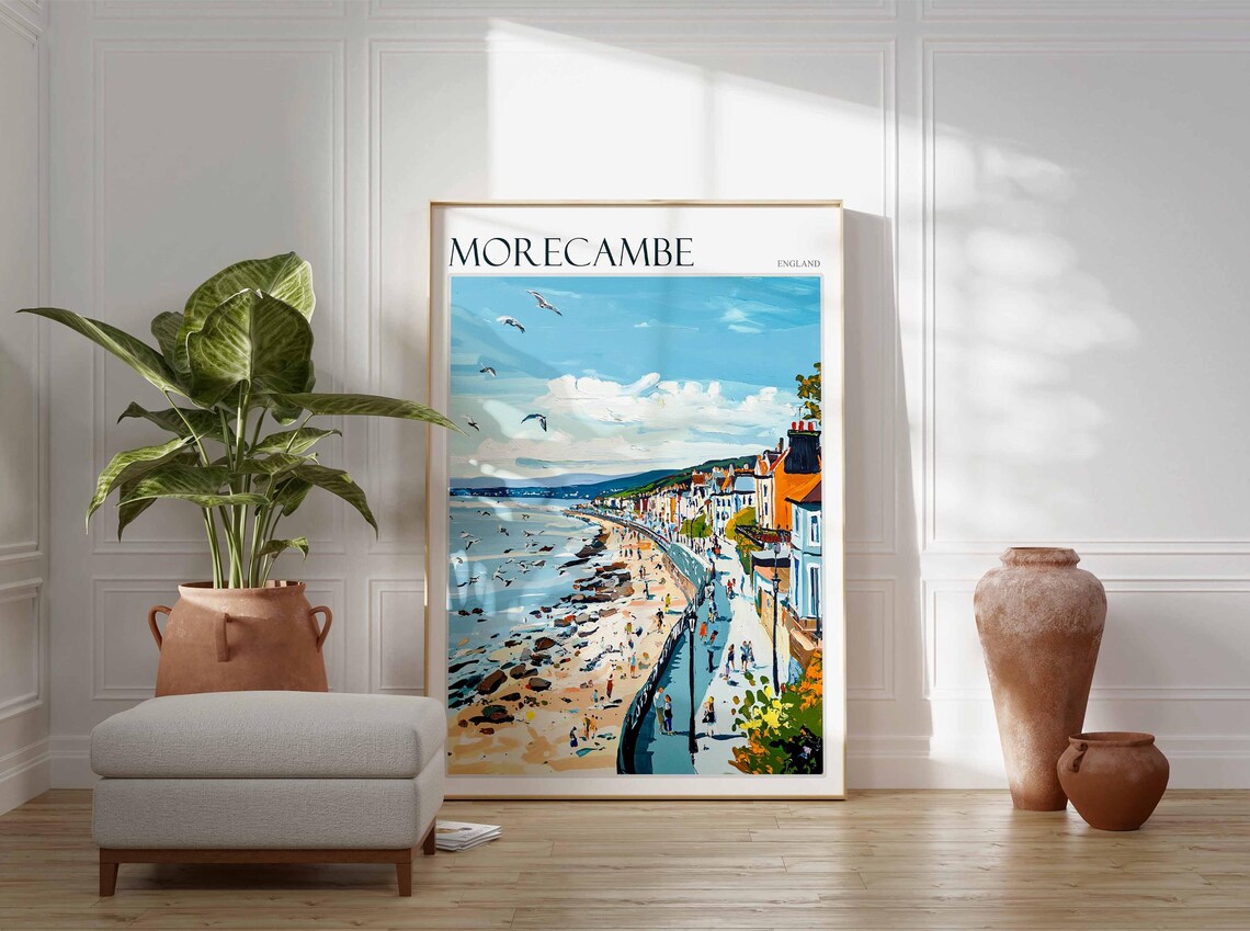 Morecambe England Seagulls Rocky Beach Promenade Buildings Poster - Image 3