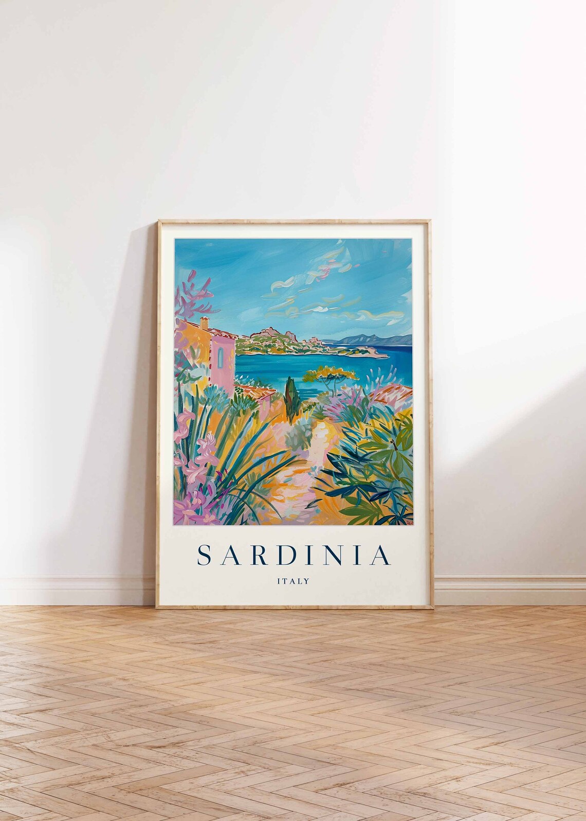 Sardinia Italy Mediterranean Coast Island Garden Pink House Art Travel Poster - Image 2