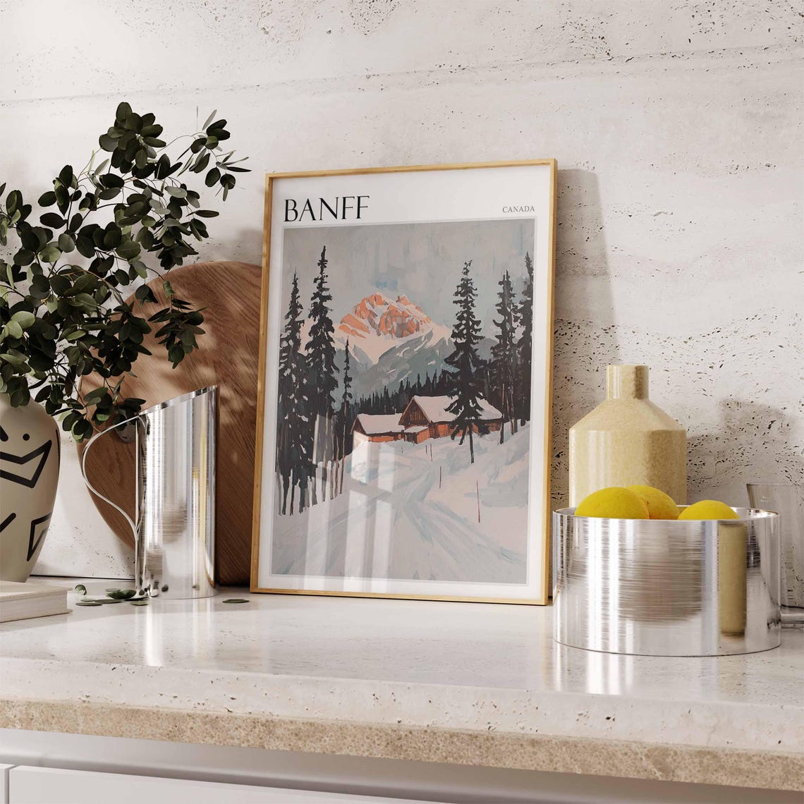 Banff Canada Snowy Trail Cabins Tall Pines Red Mountain Poster - Image 2