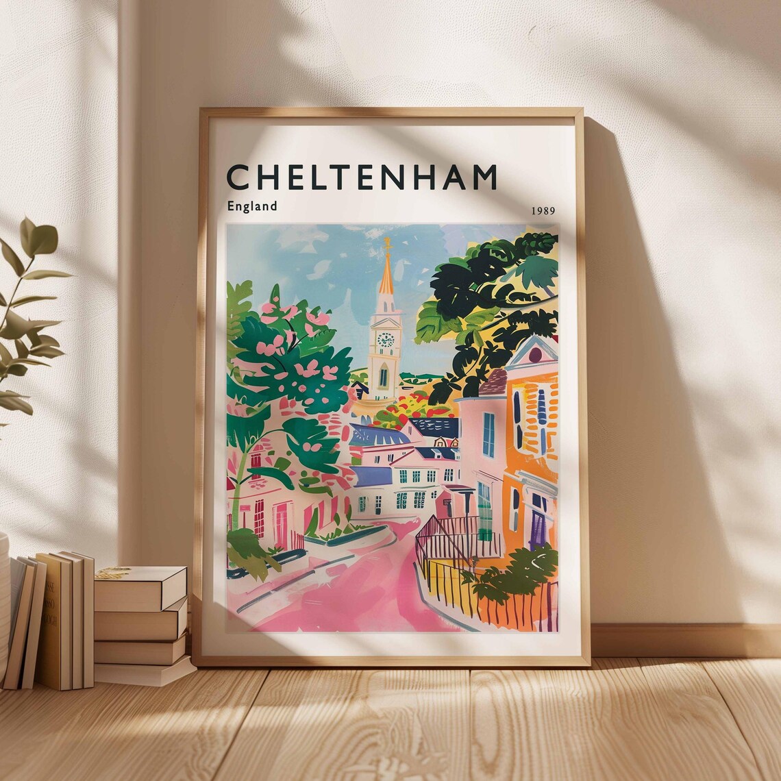 Cheltenham England 1989 Church Spire Pink Street Travel Poster