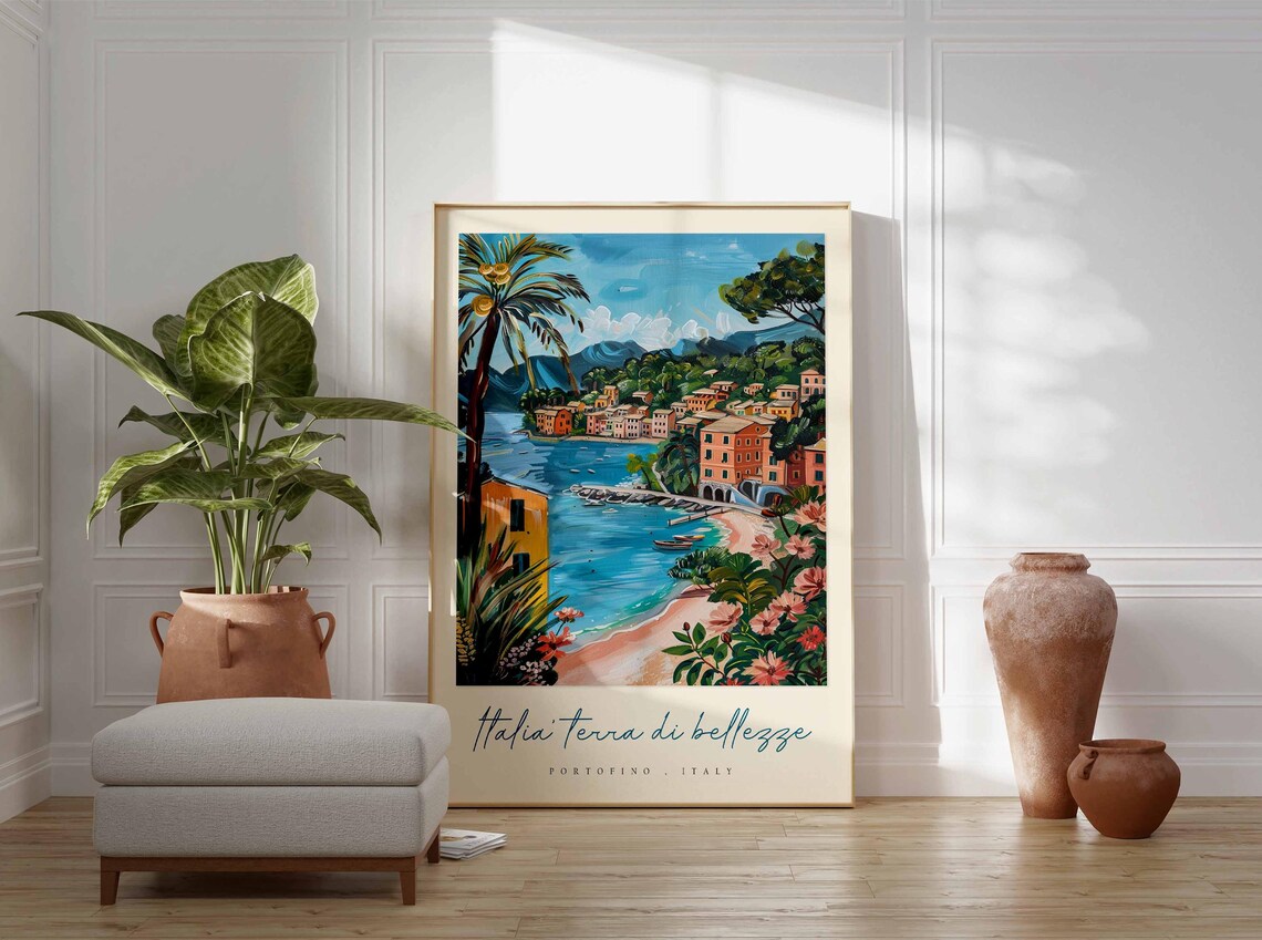 Portofino Italy Beach Cove Painting Italia Terra Di Bellezze Poster - Image 3