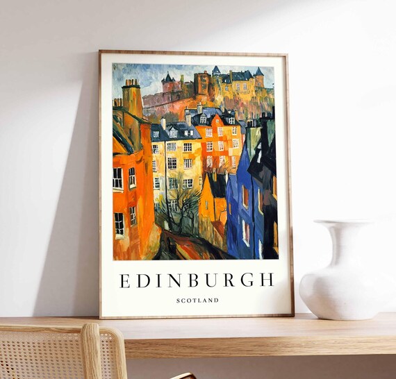 Edinburgh Warm Orange Old Town Castle View Vintage Art Poster