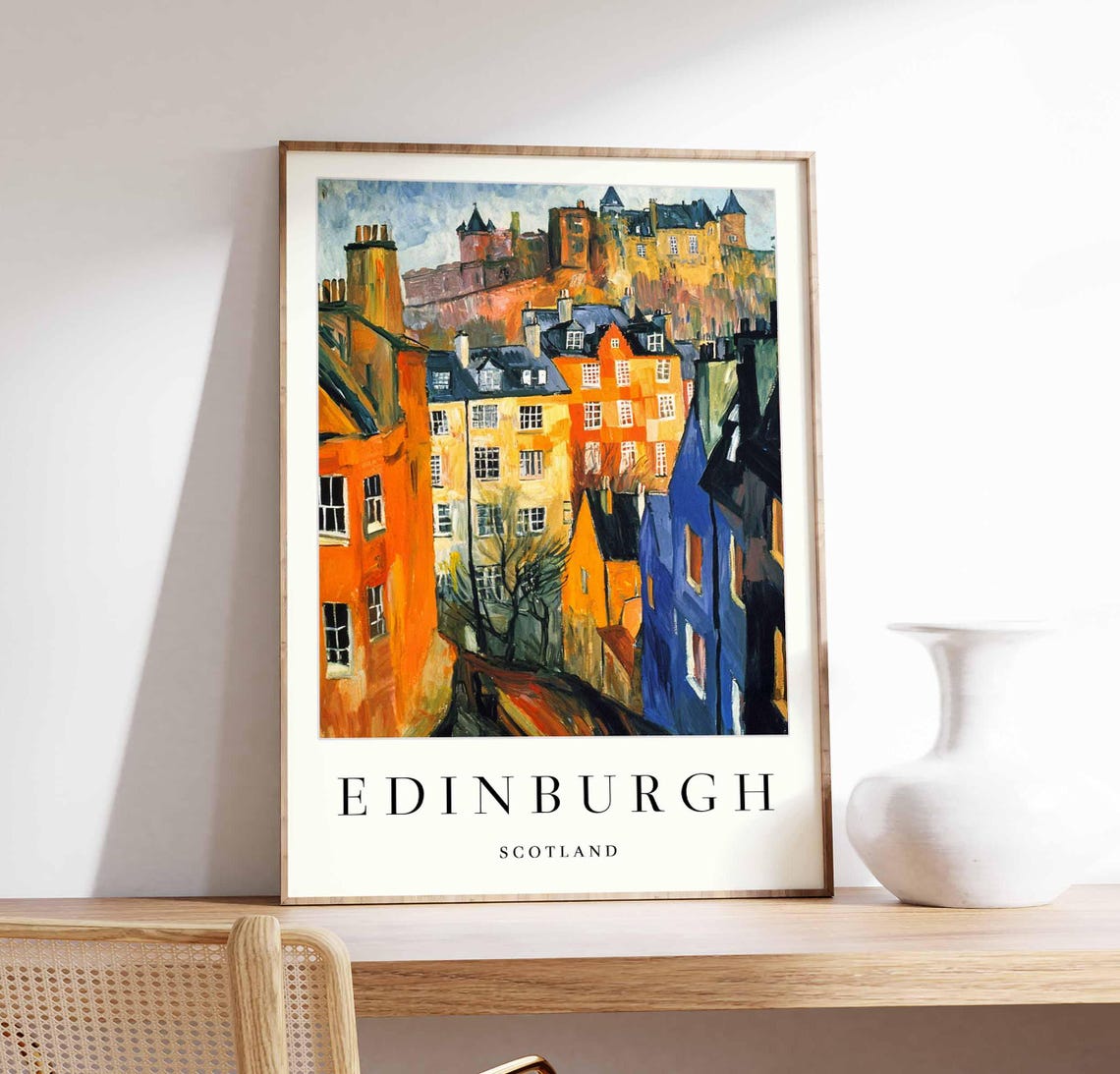 Edinburgh Warm Orange Old Town Castle View Vintage Art Poster
