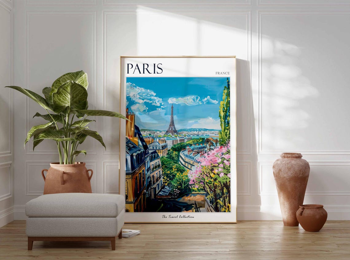 Paris France Eiffel Tower Spring Blossom Street Scene Travel Poster - Image 3