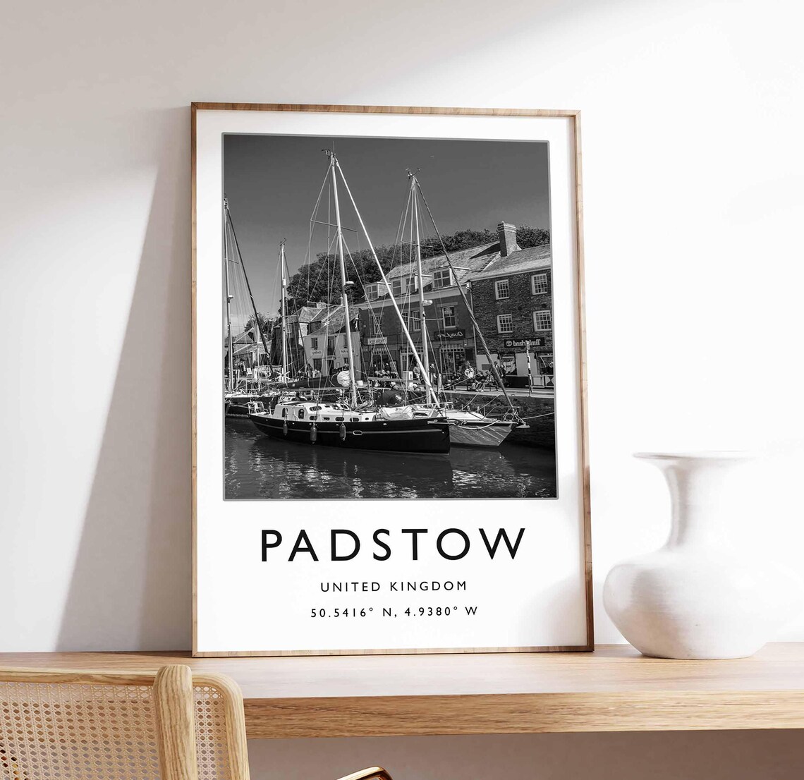 Padstow Cornwall Black And White Harbour Sailboats Photograph Poster