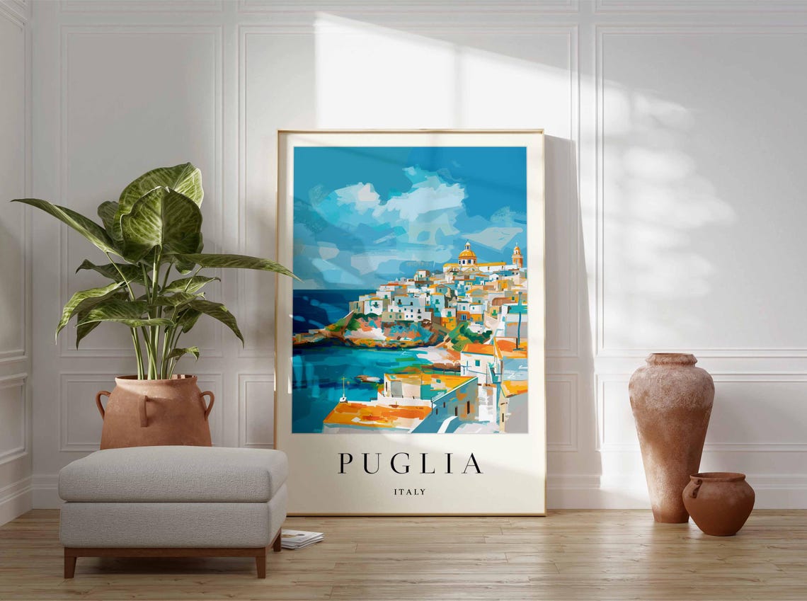 Puglia Italy Whitewashed Hilltop Town Cliff Dome Bell Tower Sea Poster - Image 4