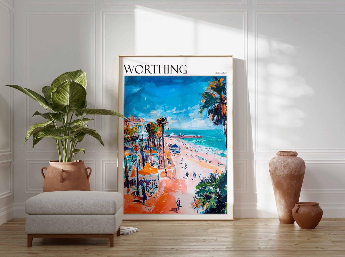 Worthing England Palm Lined Promenade Beach Crowd Painting Poster - Image 2