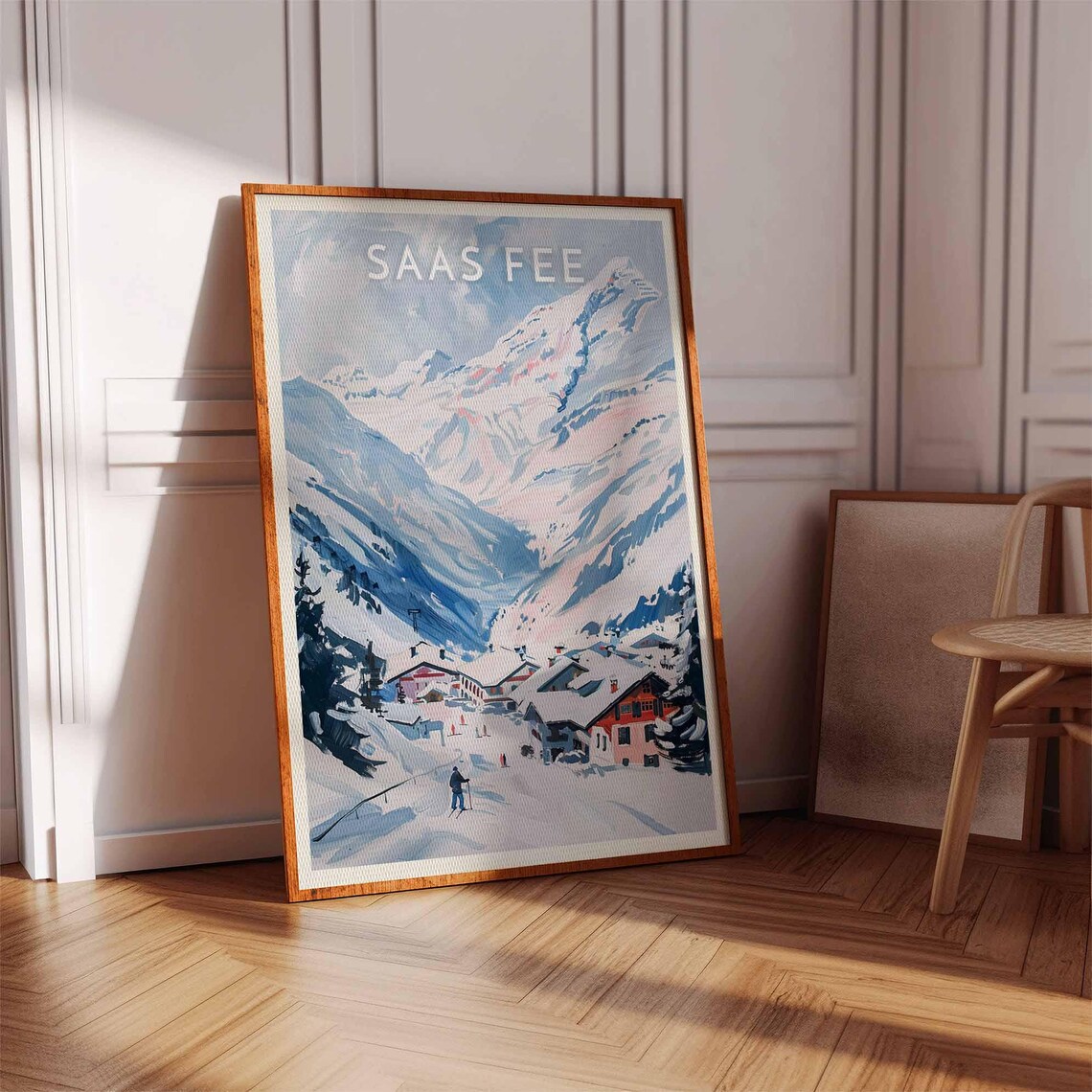 Saas Fee Switzerland Pink Hued Valley Village Below Peaks Lone Skier Poster - Image 3