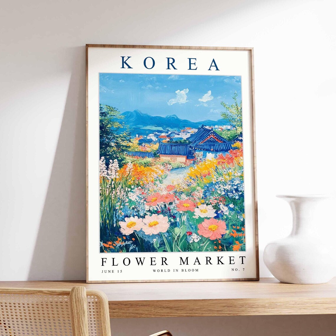 Korea Flower Market No 7 Tiled Roof Temple Mountain Flower Poster