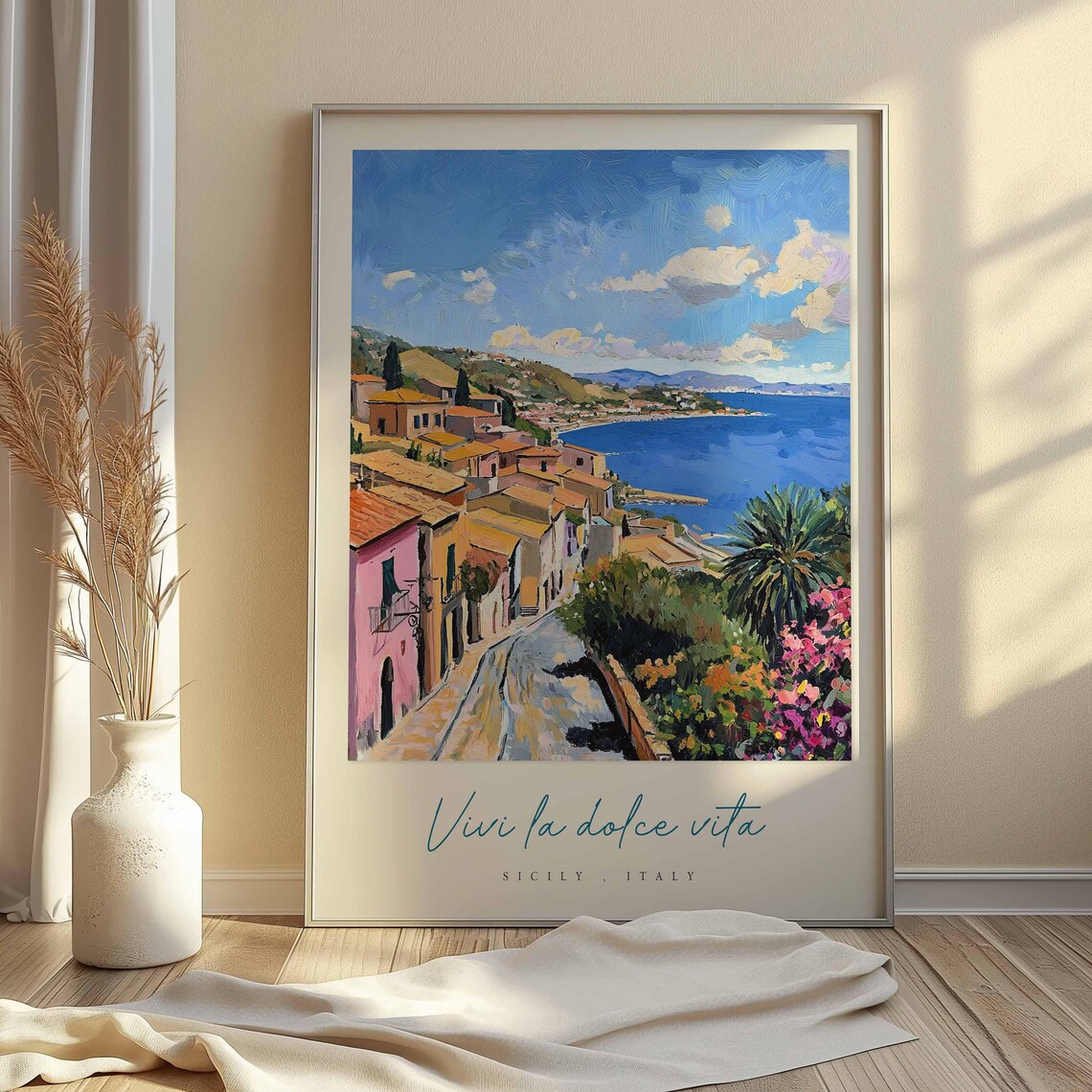 Sicily Italy Street Poster Curving Coastal Road To The Sea At Dusk - Image 2