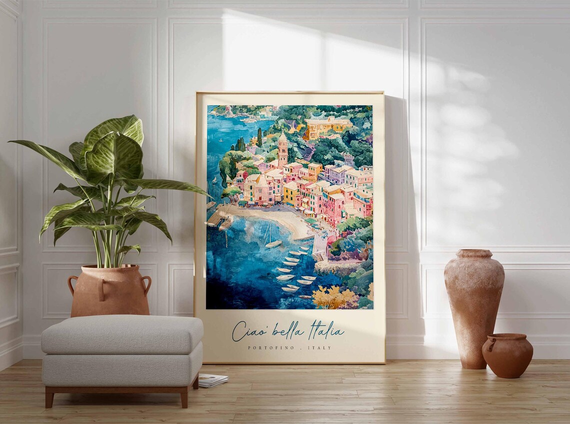 Portofino Italy Aerial Harbor With Church Tower Bella Italia Poster - Image 3