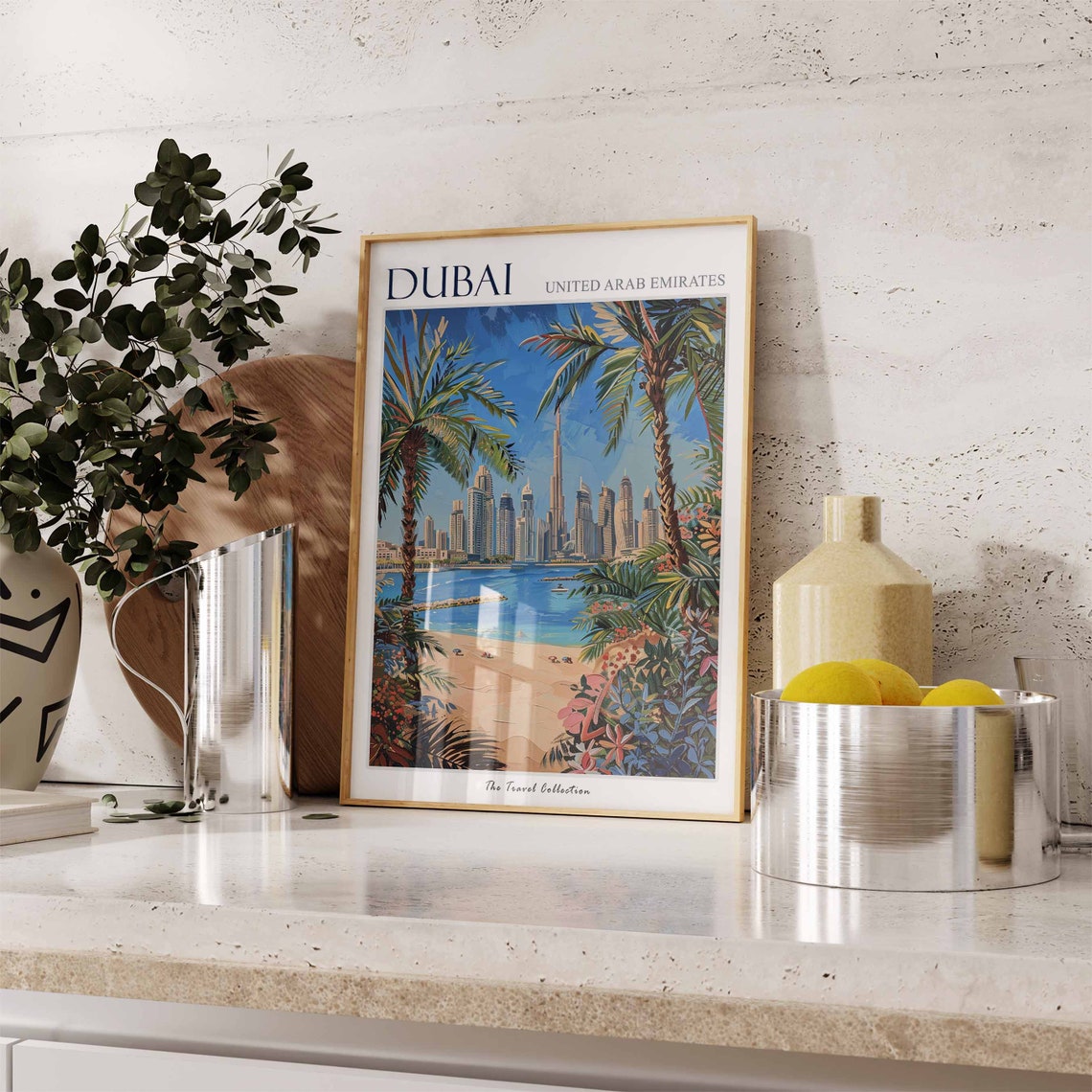 Dubai UAE Beach Skyline with Palms Painted City Travel Poster - Image 3