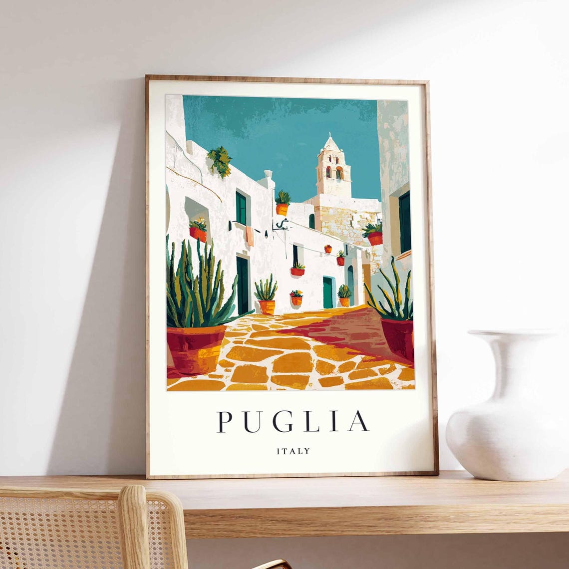 Puglia Italy Whitewashed Lane Bell Tower Terracotta Pots Poster