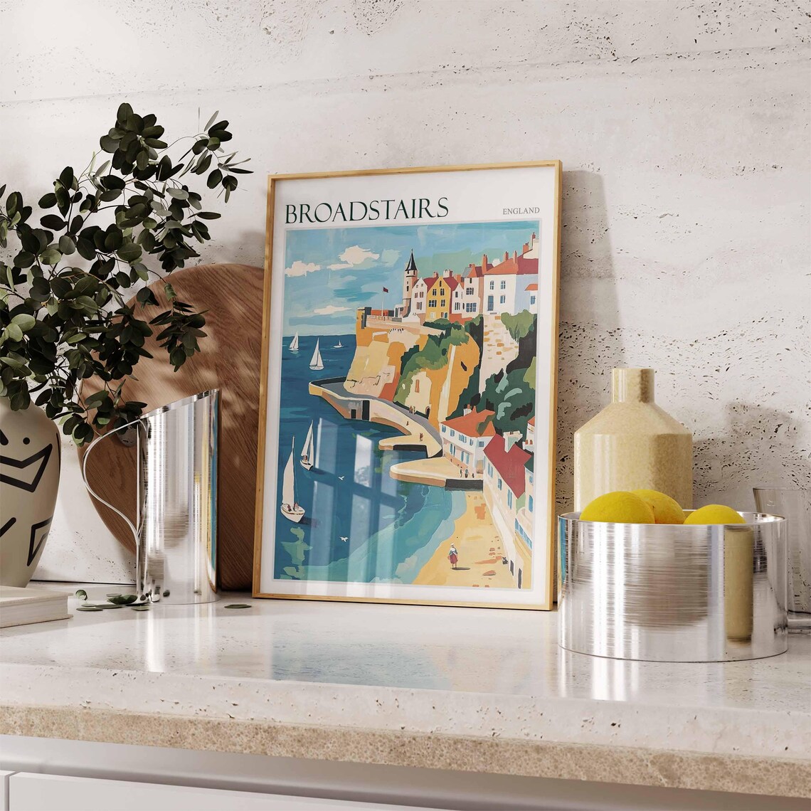 Broadstairs Kent Harbour Sailboats Clifftop Town Travel Illustration Poster - Image 2