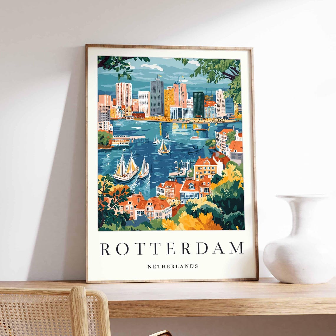 Rotterdam Netherlands Poster With Harbor Sailboats And Modern Skyline