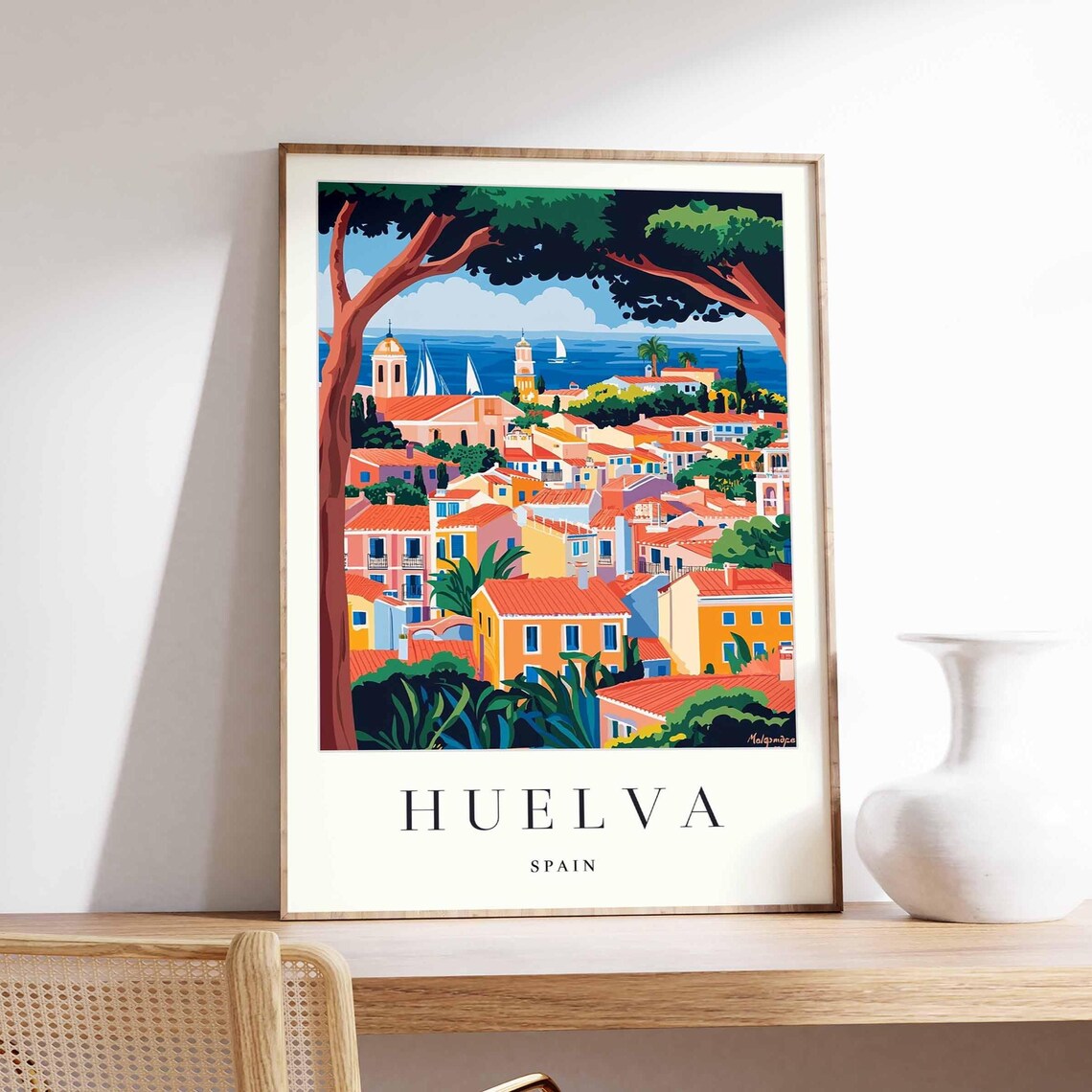 Huelva Spain Old Town Panorama Red Roofs Sea View Travel Poster