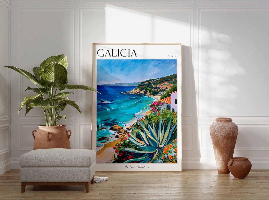 Galicia Rocky Coastline Blue Coves Wildflowers Spain Travel Poster - Image 3
