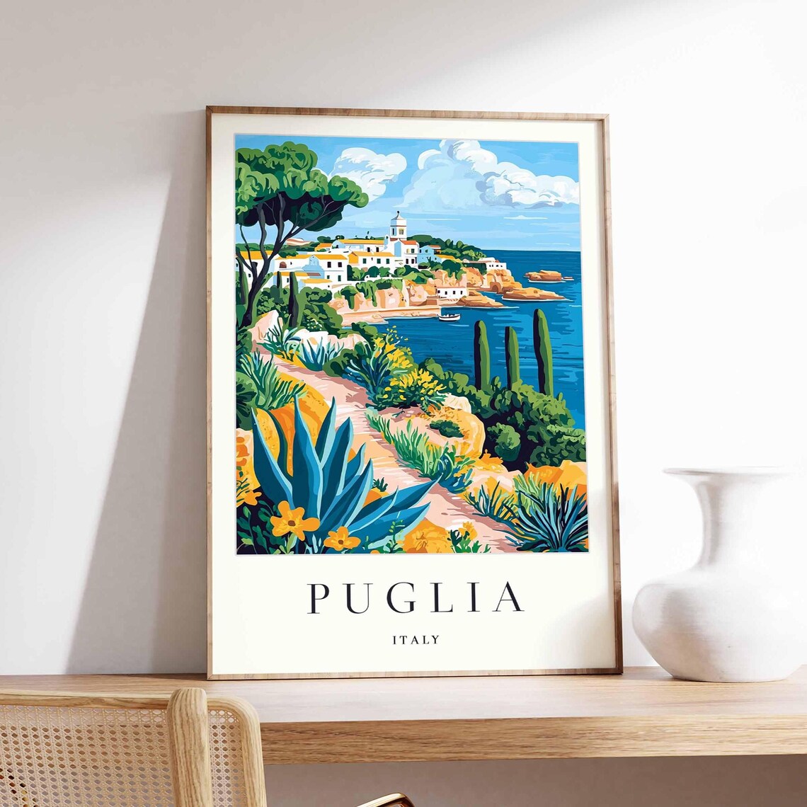 Puglia Italy Coastal Village Blue Adriatic Sea Illustration Poster