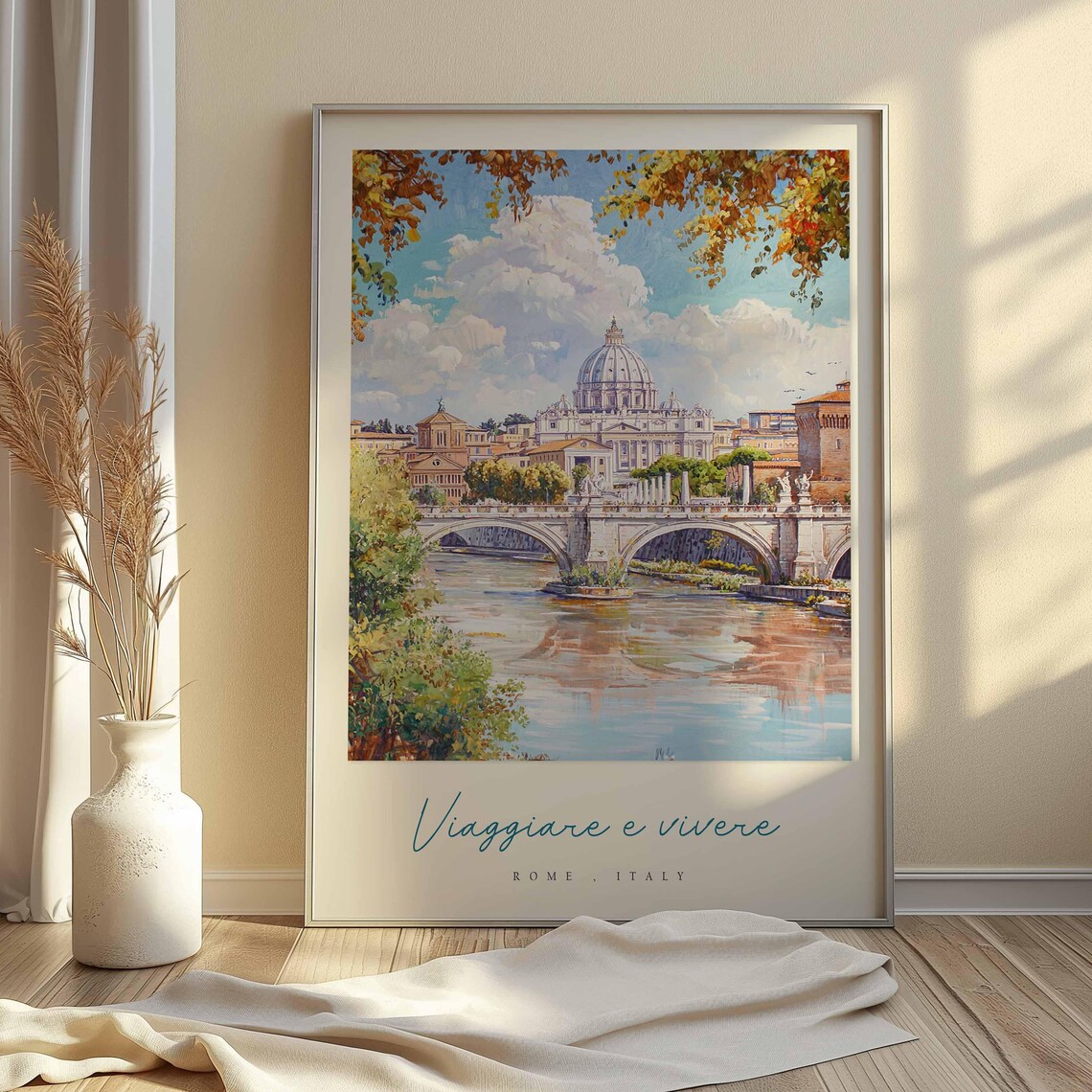 Rome Italy St Peters Dome Bridge Autumn Watercolor Travel Poster - Image 2