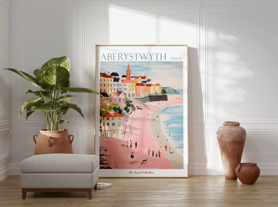 Aberystwyth Wales Pastel Seaside Town Illustration Travel Poster - Image 2