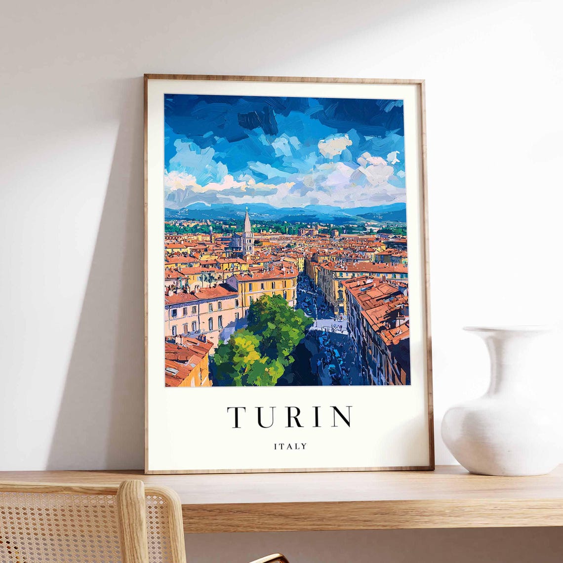 Turin Italy Bold Painted Cityscape Poster with Dramatic Blue Sky Art