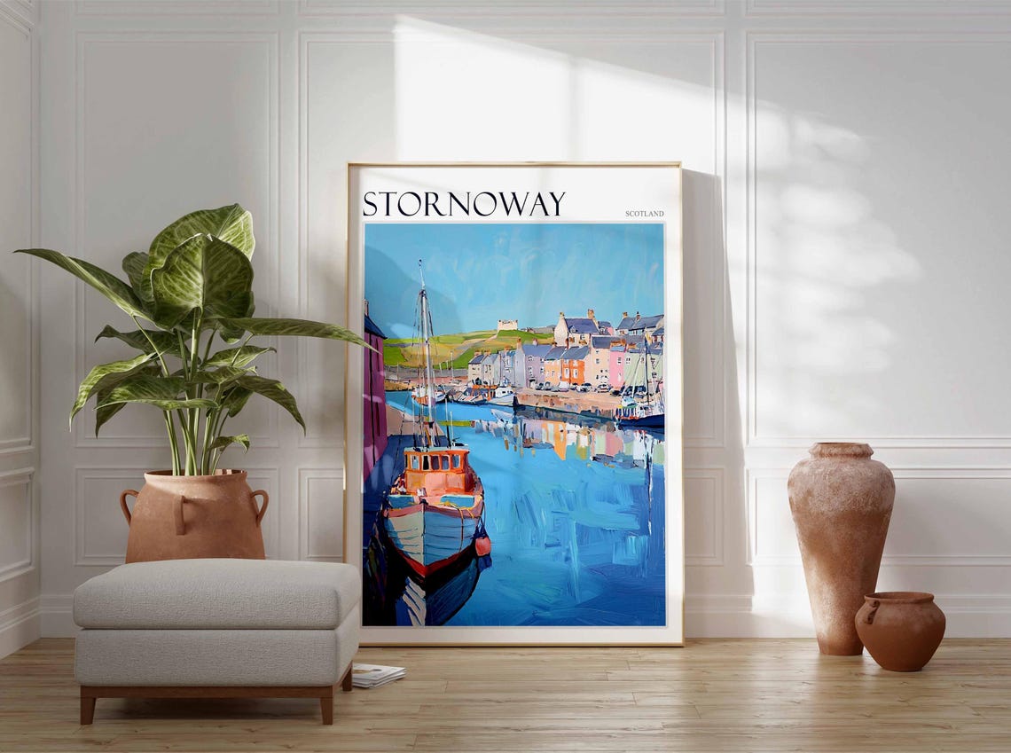 Stornoway Orange Fishing Boat Harbor Watercolor Scotland Art Poster - Image 2
