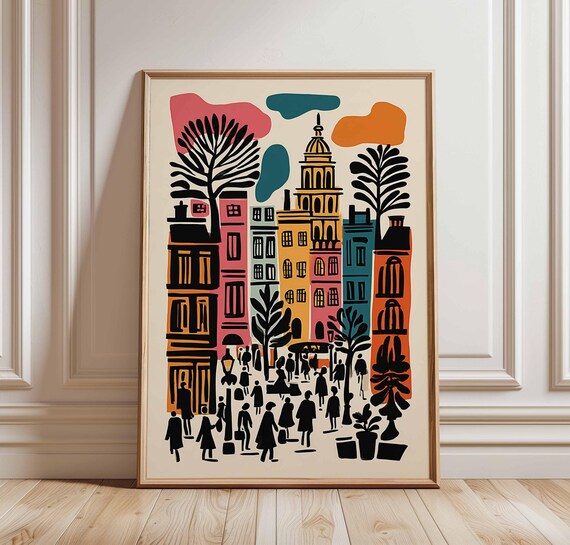 London City Street Crowd Colorful Retro Travel Illustration Poster