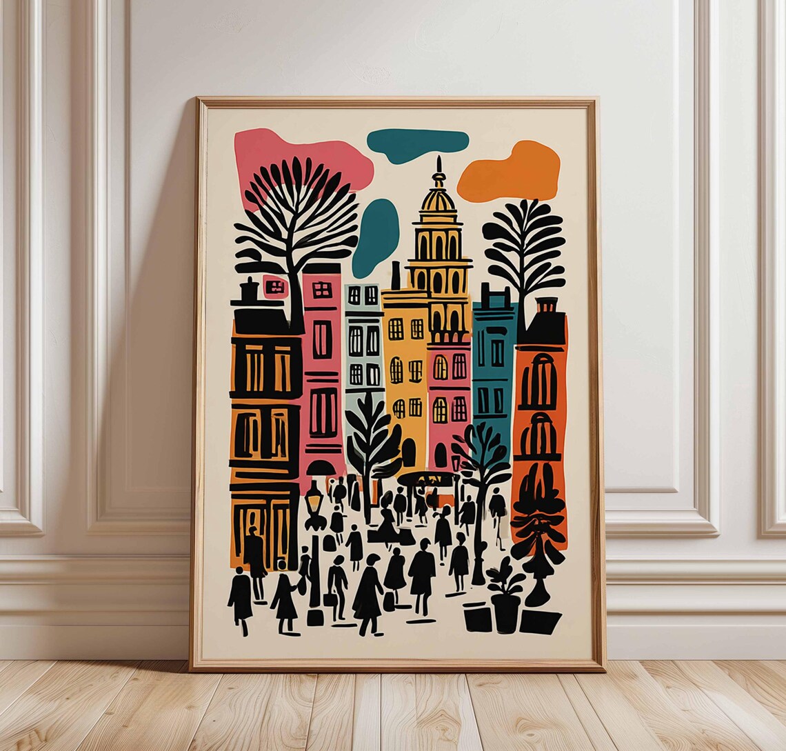 London City Street Crowd Colorful Retro Travel Illustration Poster