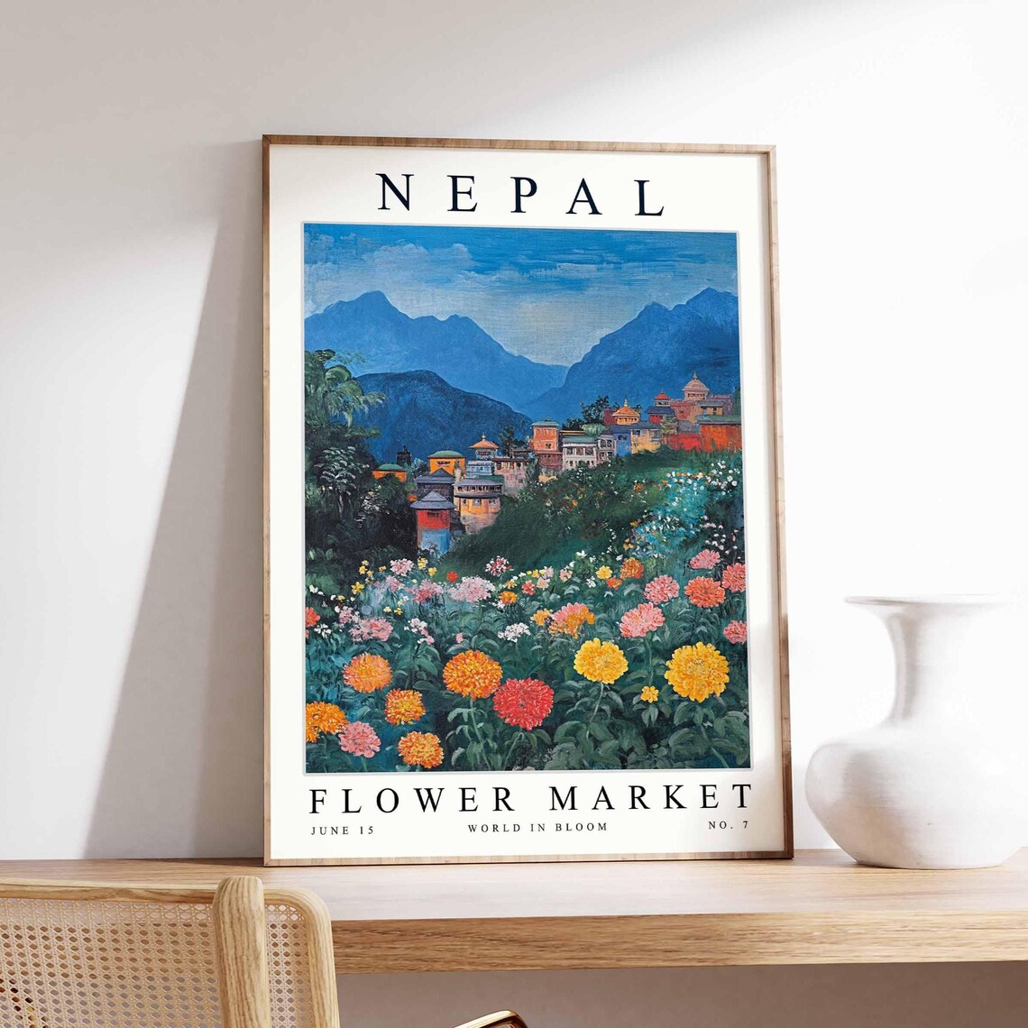 Nepal Flower Market Orange Meadow Layered Mountain Village Poster