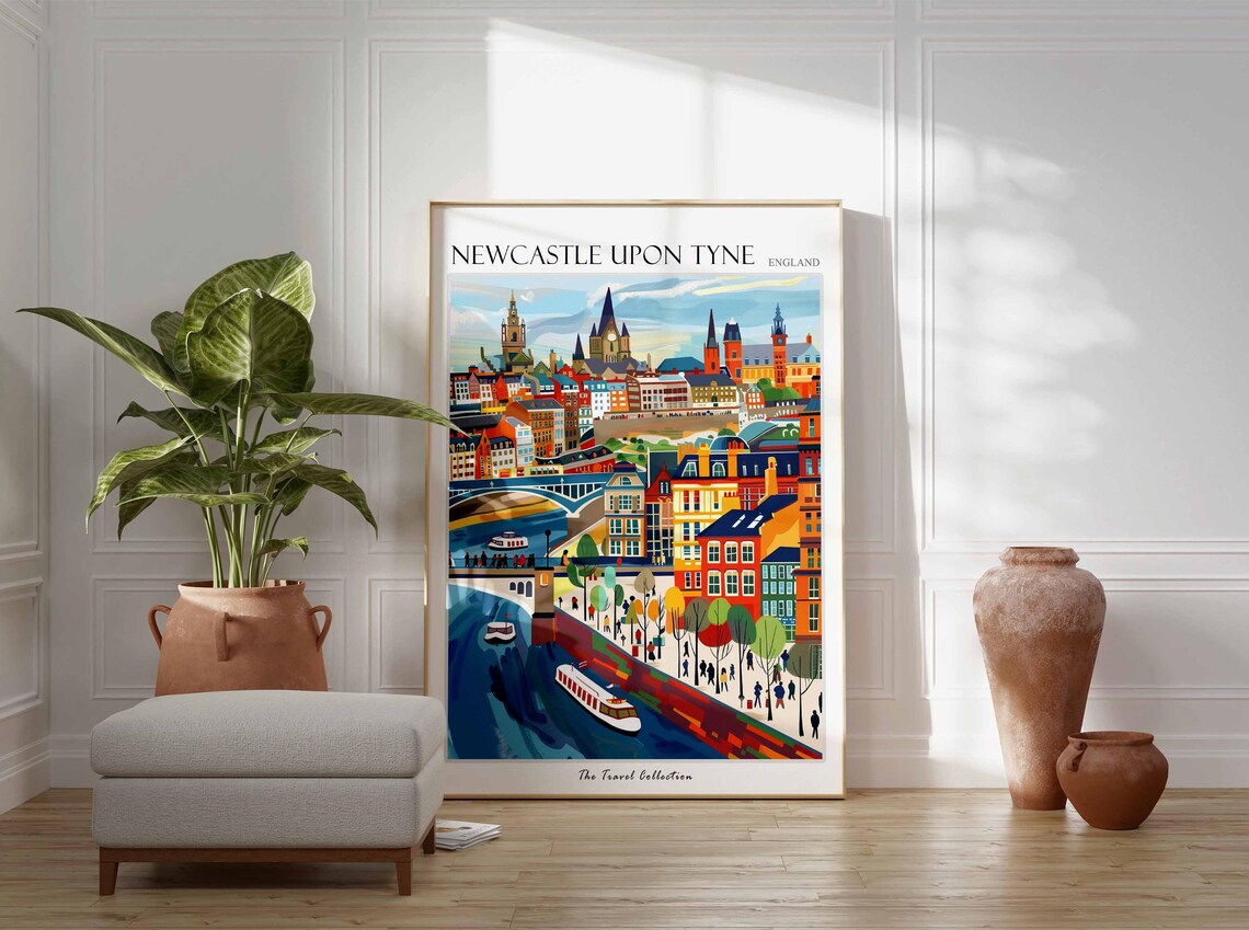 Newcastle Upon Tyne England Bridges River Colorful City Travel Poster - Image 2