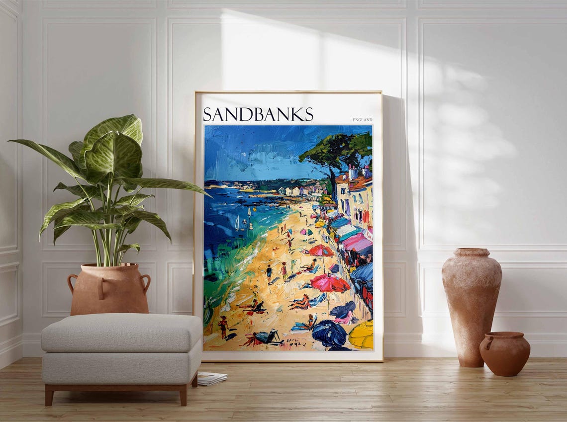 Sandbanks England Busy Beach Umbrellas Seafront Summer Art Poster - Image 2