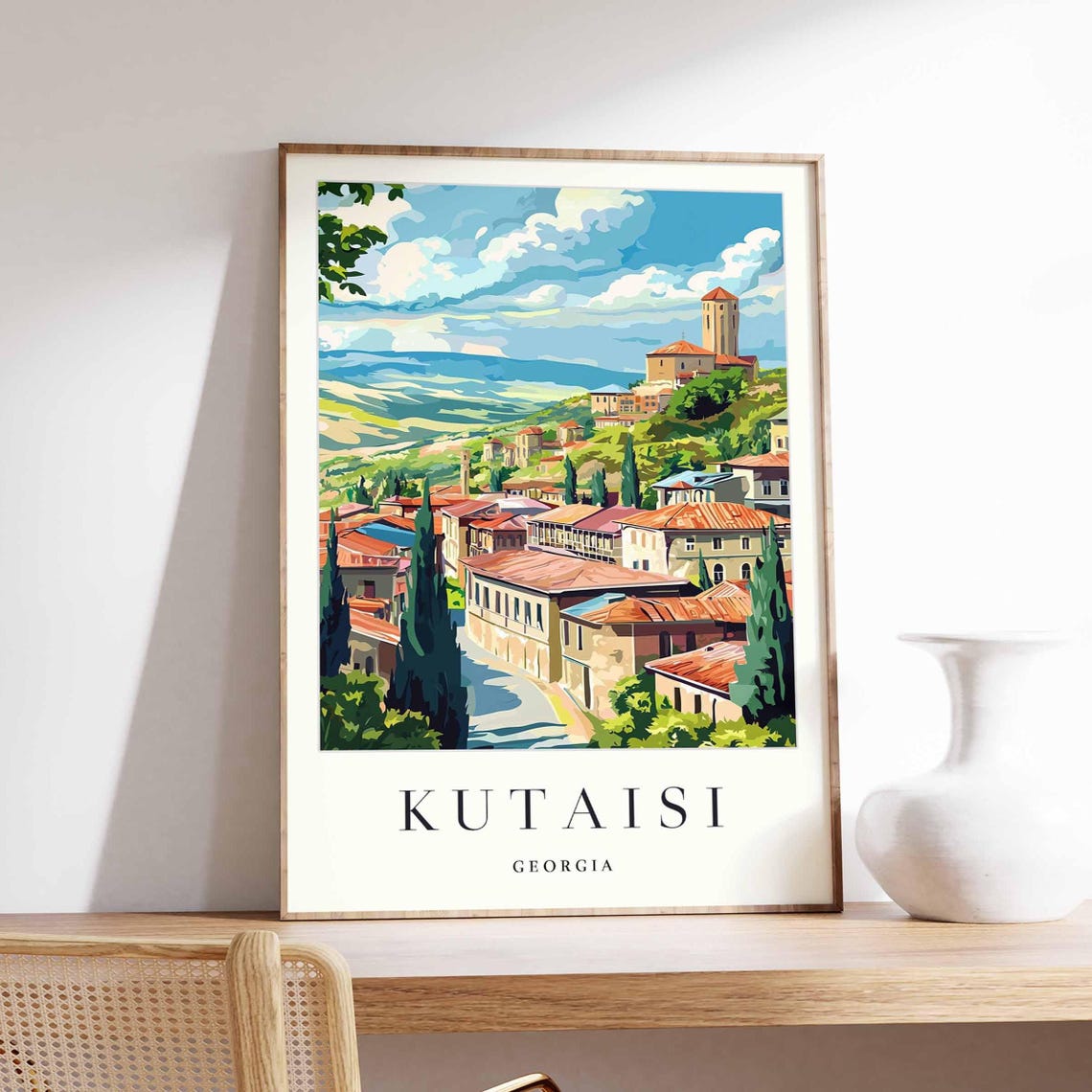 Kutaisi Georgia Hillside Old Town Cypress Trees Colorful Poster