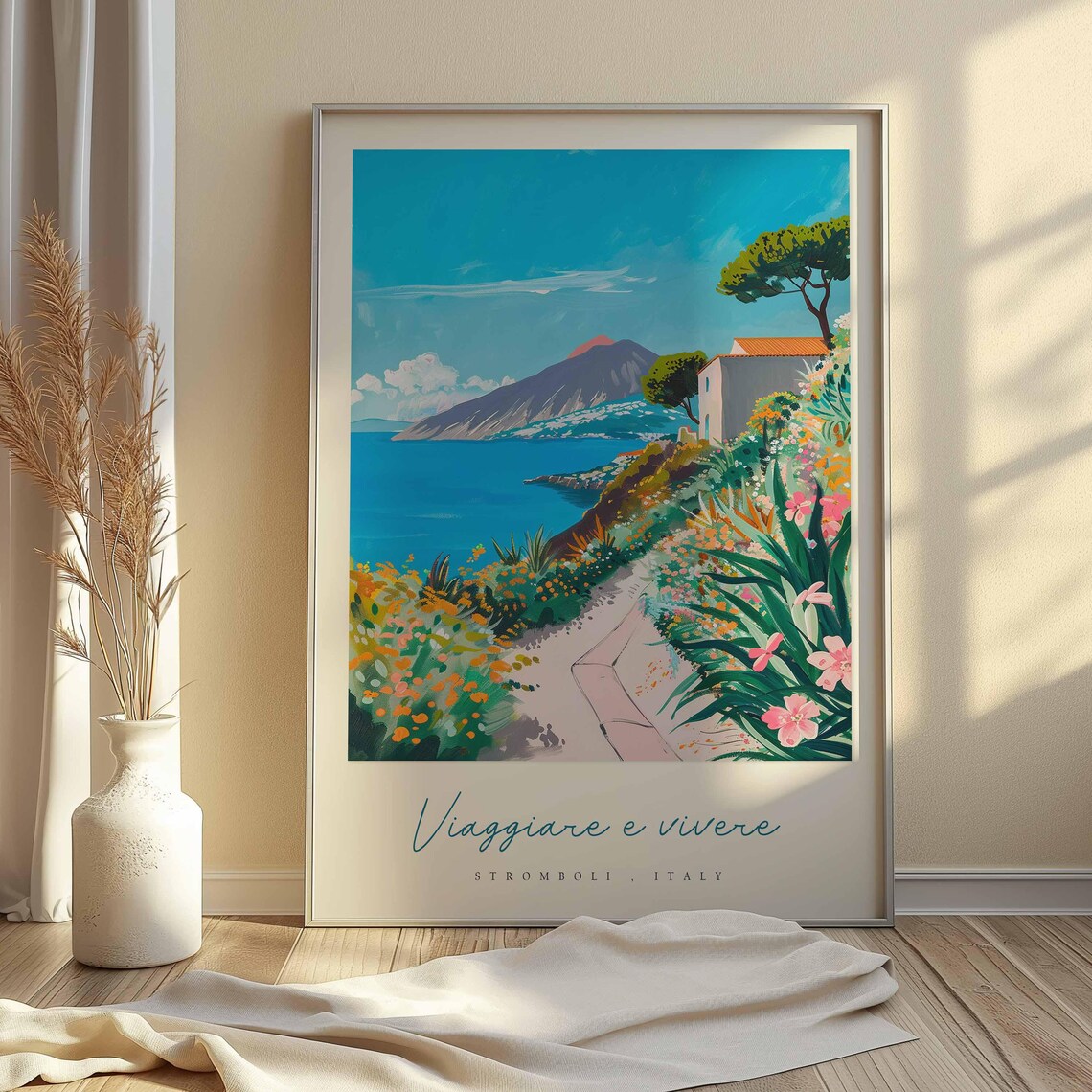 Stromboli Italy Flower Path Poster Volcano And Sea Trail Garden Art - Image 2