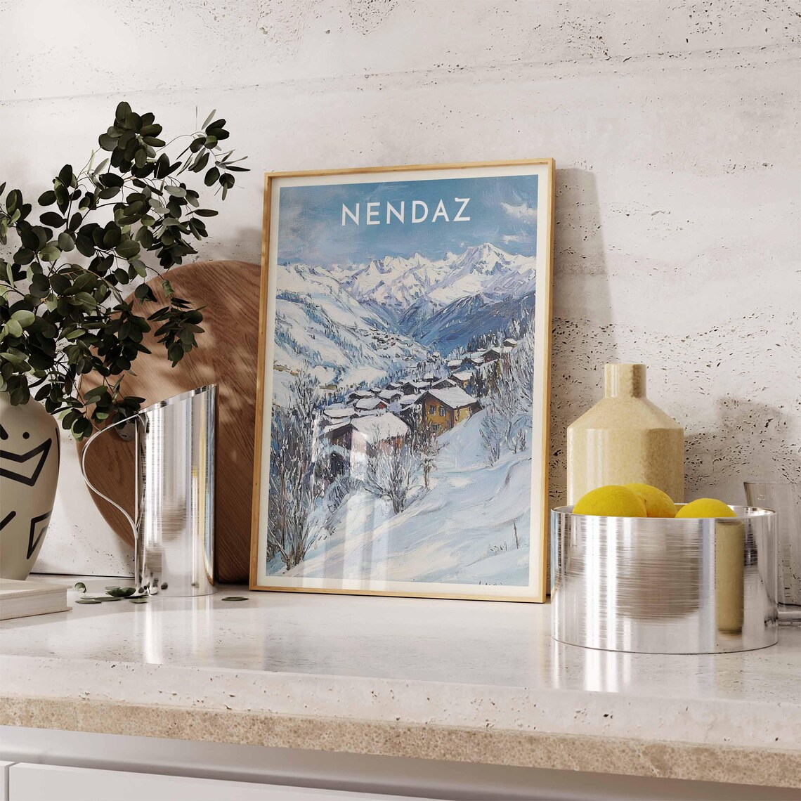Nendaz Switzerland Blue Winter Painting Village In Snowy Slopes Poster - Image 2