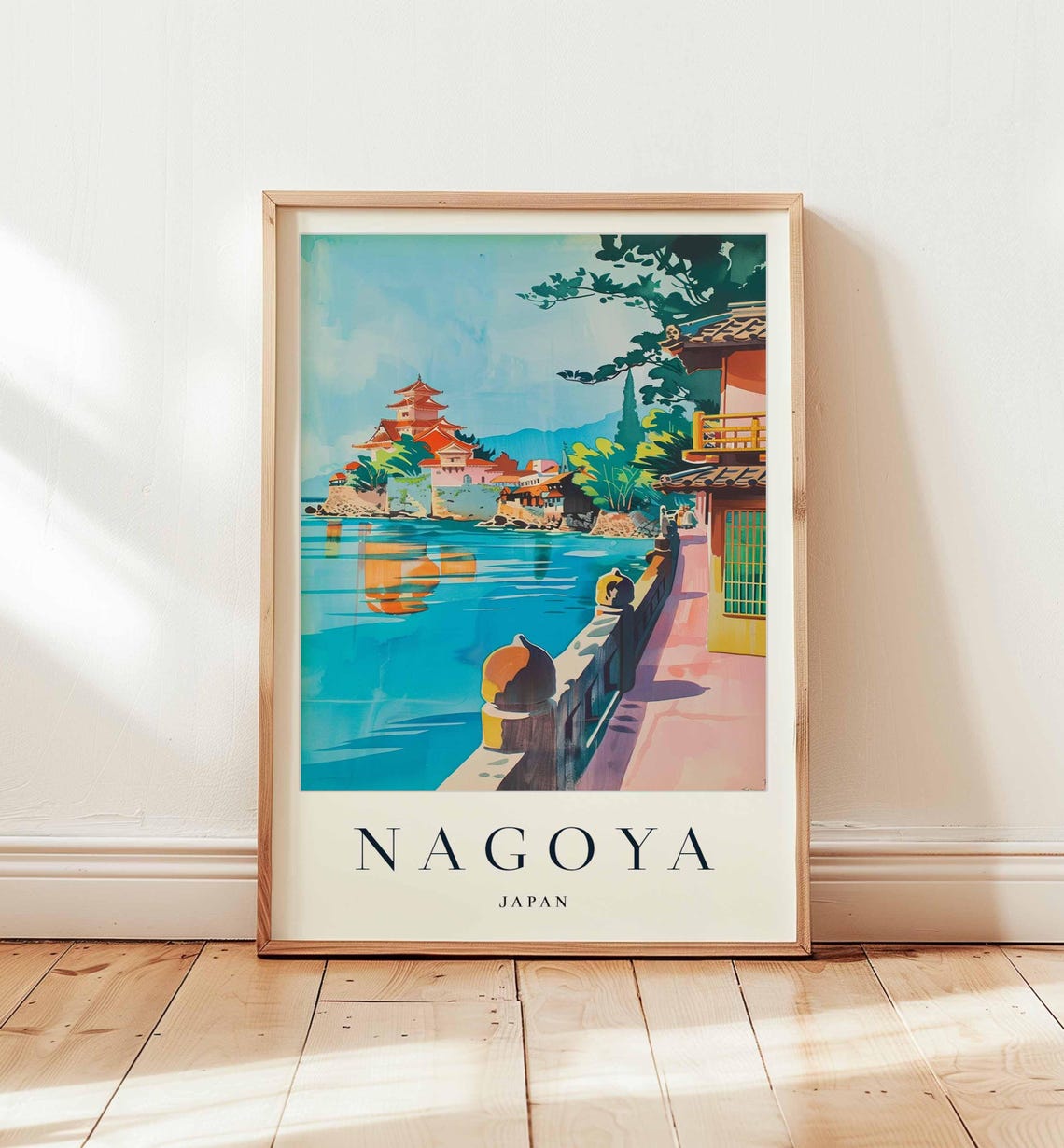 Nagoya Japan Lakeside Temple Poster Shrine Across Bright Blue Water
