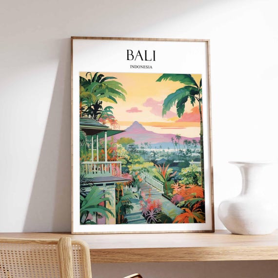 Bali Poster Indonesia Wall Art Tropical Travel Print Beach Illustration Island Sunset Southeast Asia