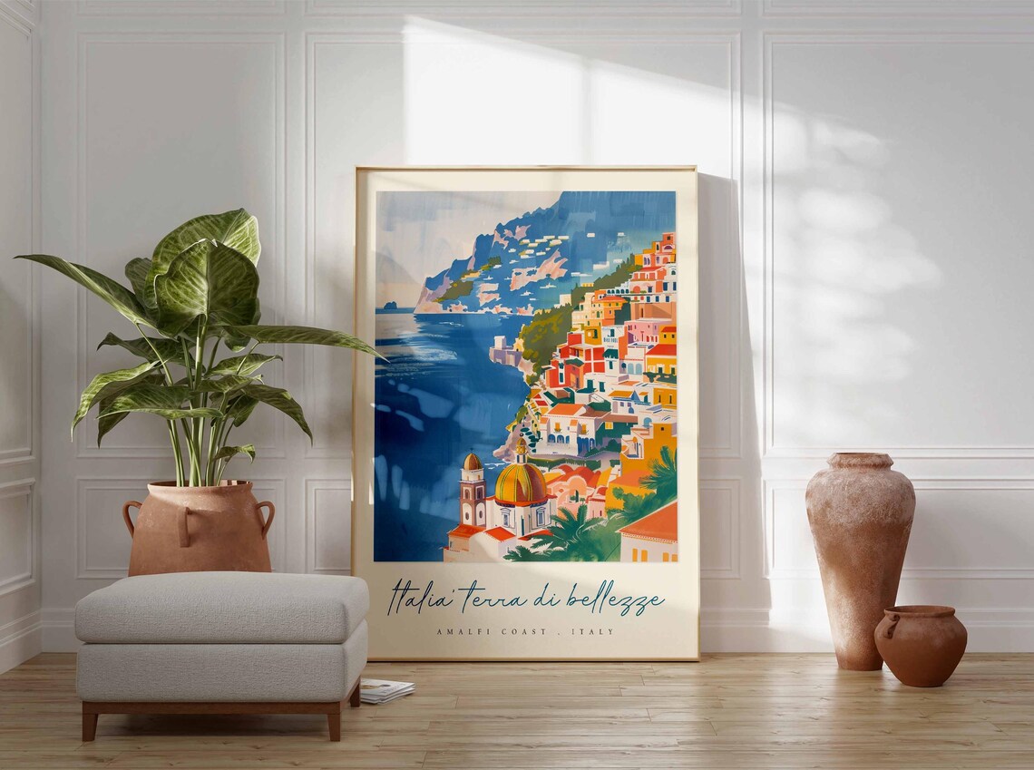 Amalfi Coast Colorful Cliffside Town Domed Church Travel Poster - Image 3