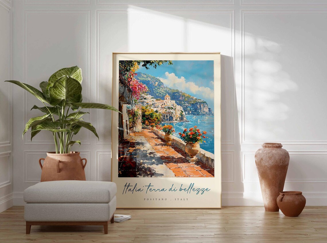Positano Italy Terracotta Terrace Flower Pots Town View Travel Poster - Image 3