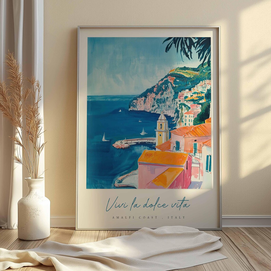 Amalfi Coast Italy Church Tower Cliff Village Sailboats Travel Poster - Image 2