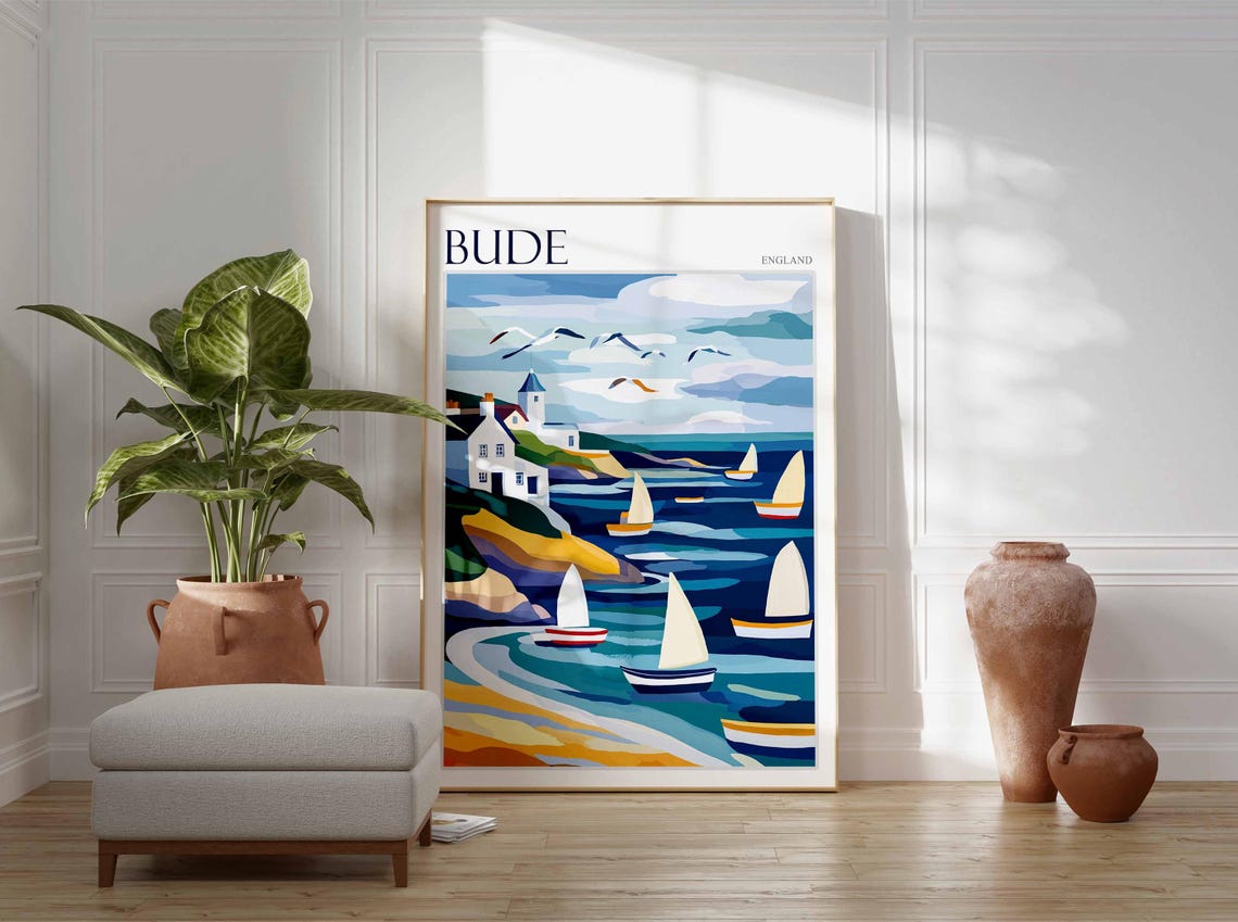 Bude Cornwall England Sailboats Lighthouse Cliffs and Seagulls Poster - Image 3