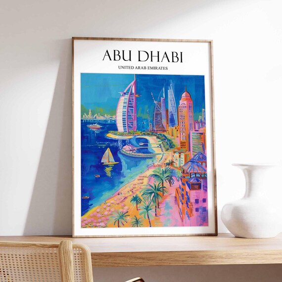Abu Dhabi UAE Sail Tower Harbor Skyline Boat Travel Art Poster