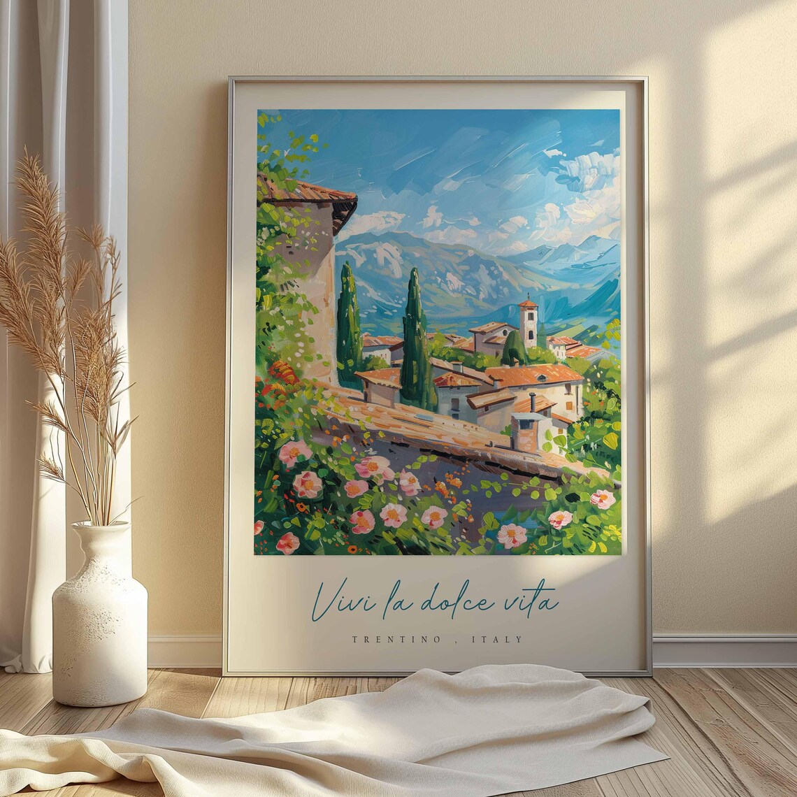 Trentino Italy Village Rooftops Painting Cypress Pink Flowers Poster - Image 2