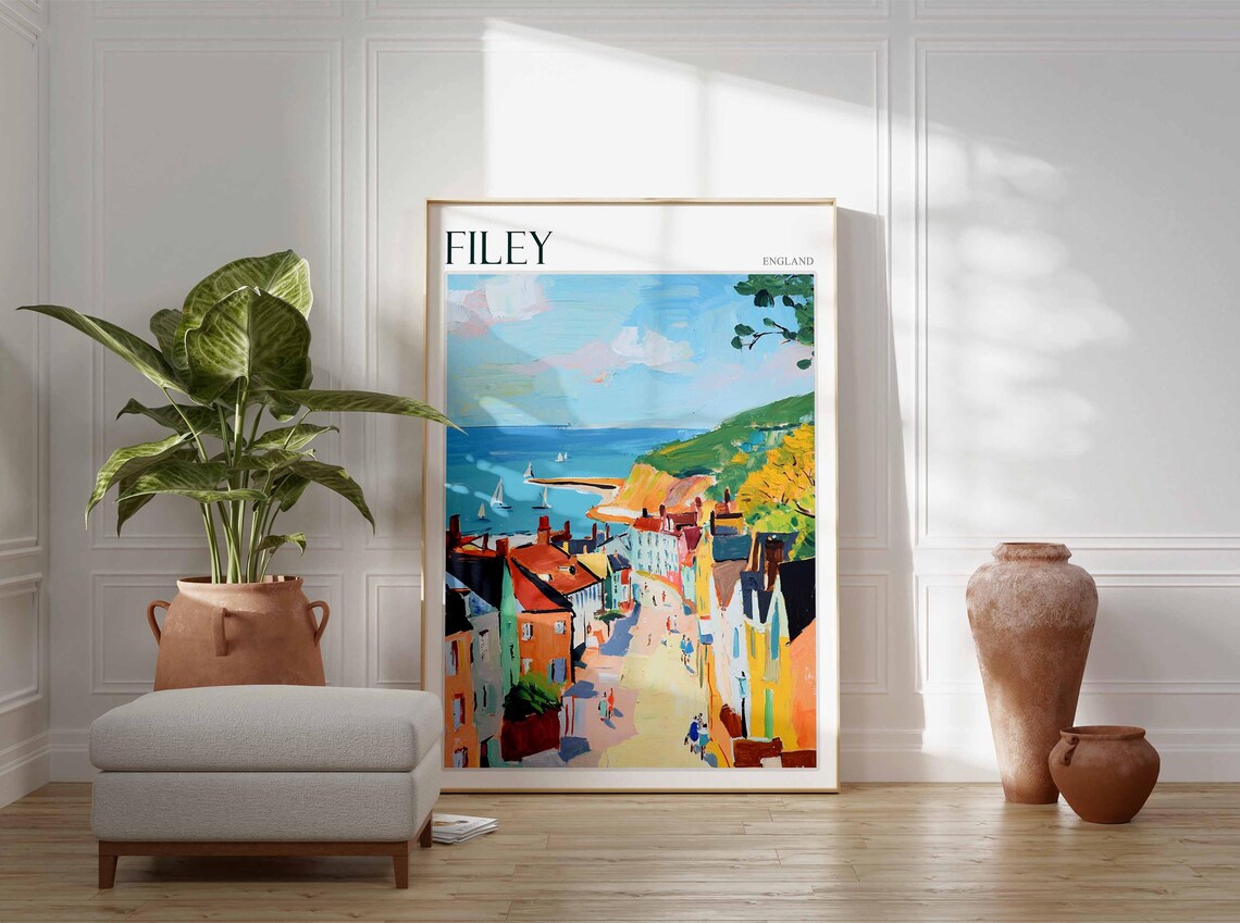 Filey England Harbor Town Bay Sailboats Cliffs Travel Poster - Image 2