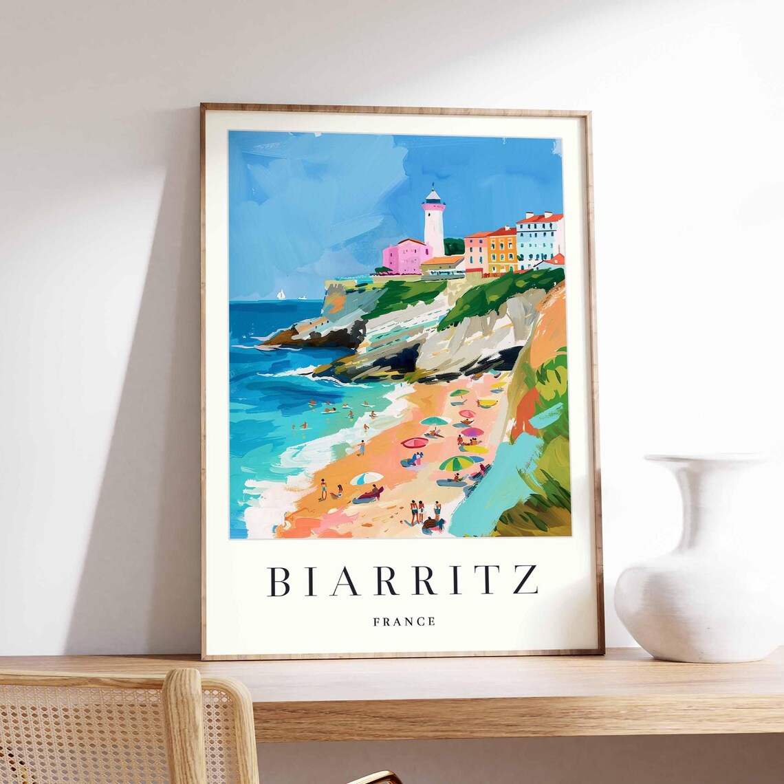 Biarritz France Basque Coast Beach Lighthouse Vibrant Travel Poster